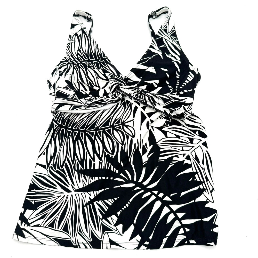 BEACH HOUSE Women 10‎ Black White Tropical Palm Sport Tankini Swim Top Underwire